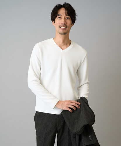 KHKLA78044 a.v.v MEN 【イージーケア/洗濯機で洗える】千鳥ジャカードVネックTシャツ 通勤/ビジネス/ジャケット〈ON/OFF SERIES〉