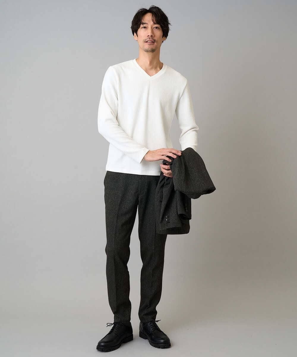 KHKLA78044 a.v.v MEN(アー・ヴェ・ヴェ) 【イージーケア/洗濯機で洗える】千鳥ジャカードVネックTシャツ　通勤/ビジネス/ジャケット〈ON/OFF SERIES〉 ブラック