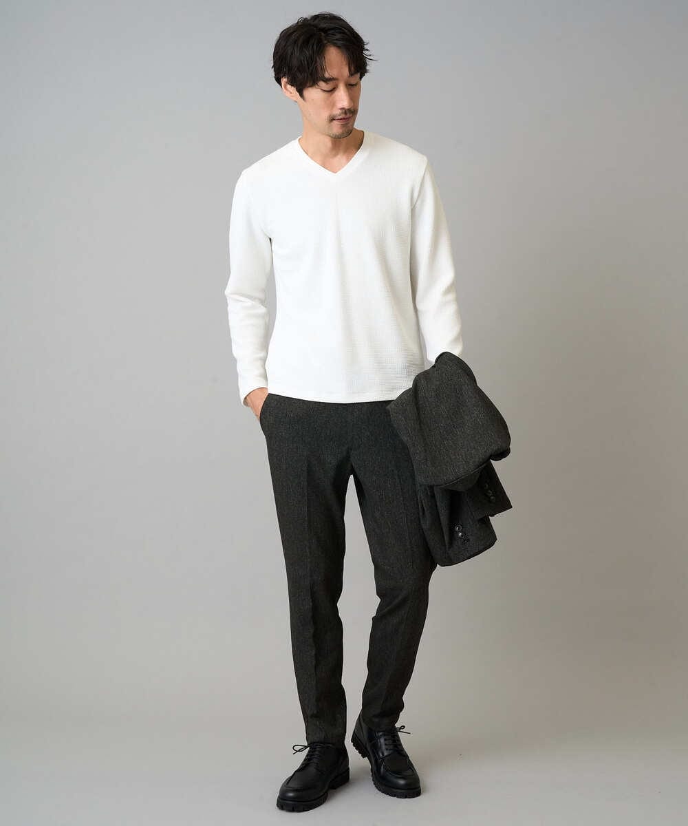 KHKLA78044 a.v.v MEN(アー・ヴェ・ヴェ) 【イージーケア/洗濯機で洗える】千鳥ジャカードVネックTシャツ　通勤/ビジネス/ジャケット〈ON/OFF SERIES〉 ブラック