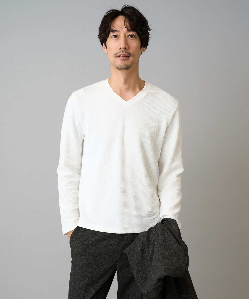 KHKLA78044 a.v.v MEN(アー・ヴェ・ヴェ) 【イージーケア/洗濯機で洗える】千鳥ジャカードVネックTシャツ　通勤/ビジネス/ジャケット〈ON/OFF SERIES〉 ブラック