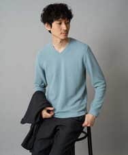 KHKLA78044 a.v.v MEN(アー・ヴェ・ヴェ) 【イージーケア/洗濯機で洗える】千鳥ジャカードVネックTシャツ　通勤/ビジネス/ジャケット〈ON/OFF SERIES〉 ブラック