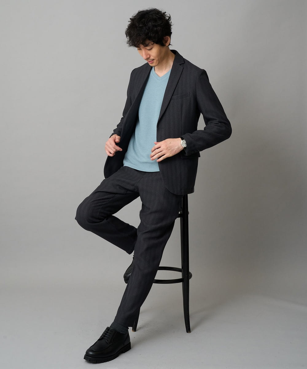 KHKLA78044 a.v.v MEN(アー・ヴェ・ヴェ) 【イージーケア/洗濯機で洗える】千鳥ジャカードVネックTシャツ　通勤/ビジネス/ジャケット〈ON/OFF SERIES〉 ブラック