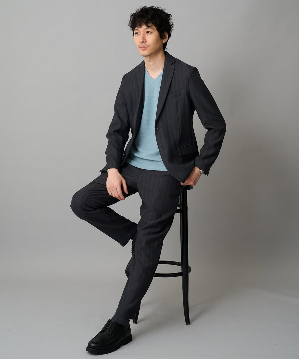 KHKLA78044 a.v.v MEN(アー・ヴェ・ヴェ) 【イージーケア/洗濯機で洗える】千鳥ジャカードVネックTシャツ　通勤/ビジネス/ジャケット〈ON/OFF SERIES〉 ブラック