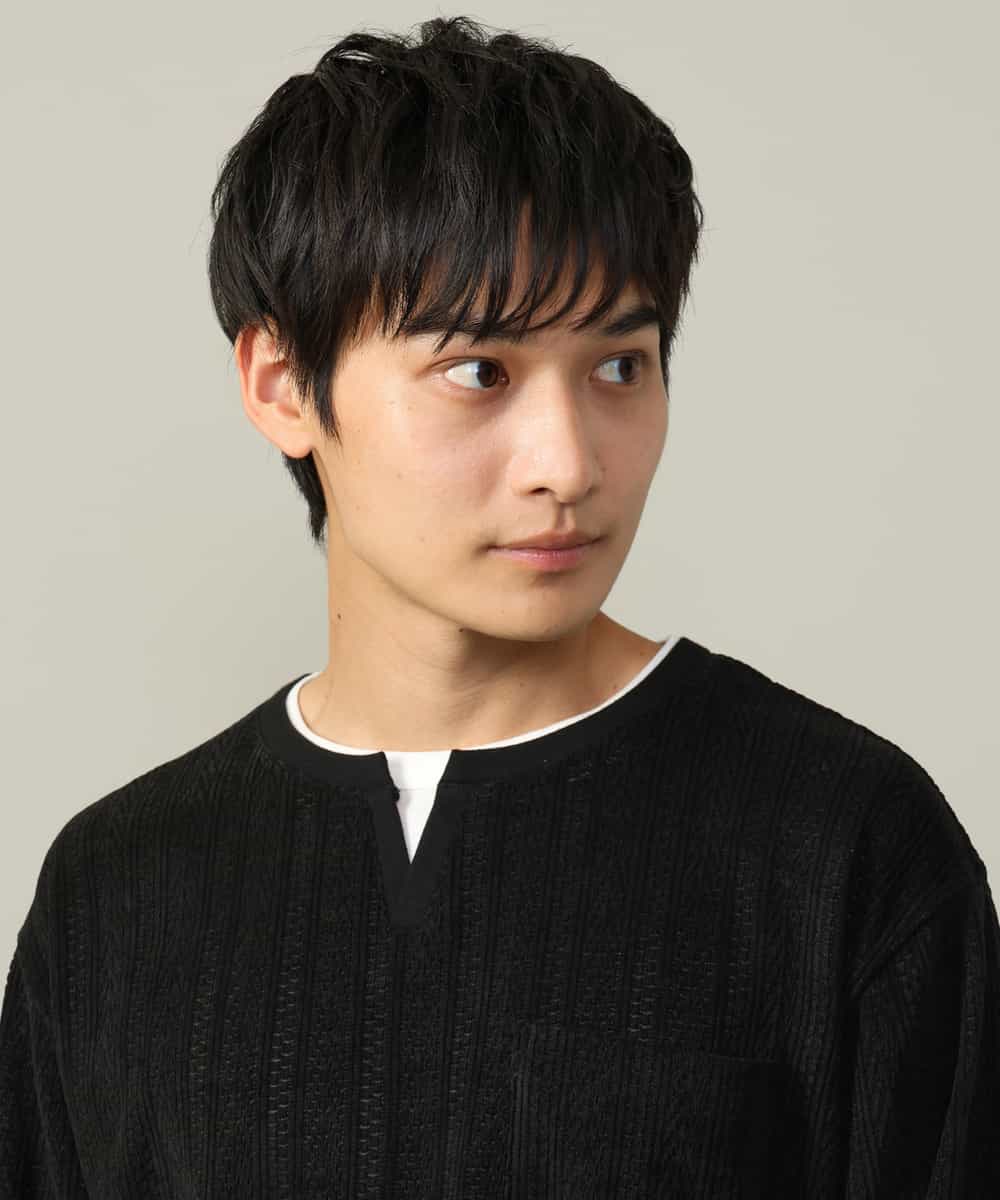KHKLV52044 a.v.v MEN(アー・ヴェ・ヴェ) 【楽してサマ見え】ケーブル柄フェイクレイヤードカットソー グレー