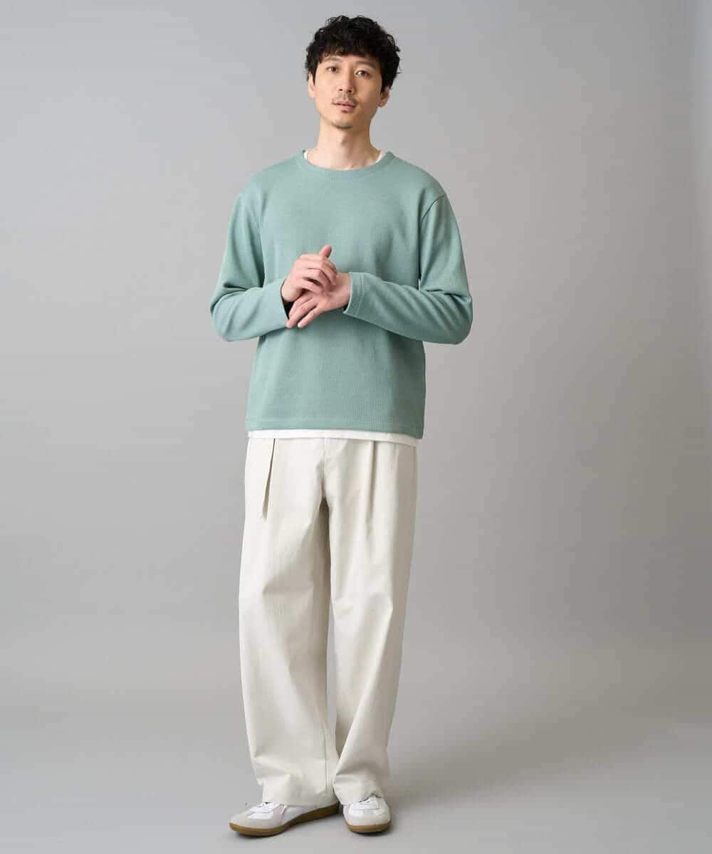 KHLED07069 a.v.v MEN(アー・ヴェ・ヴェ) 【イージーケア/洗濯機で洗える/毛玉になりにくい/ストレッチ】ベルト付きワイドテーパードチノパンツ ベージュ