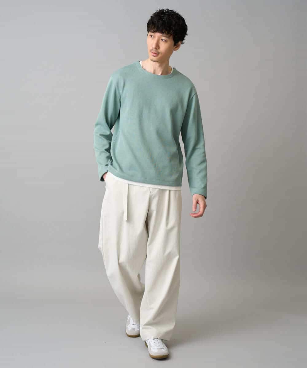 KHLED07069 a.v.v MEN(アー・ヴェ・ヴェ) 【イージーケア/洗濯機で洗える/毛玉になりにくい/ストレッチ】ベルト付きワイドテーパードチノパンツ ベージュ