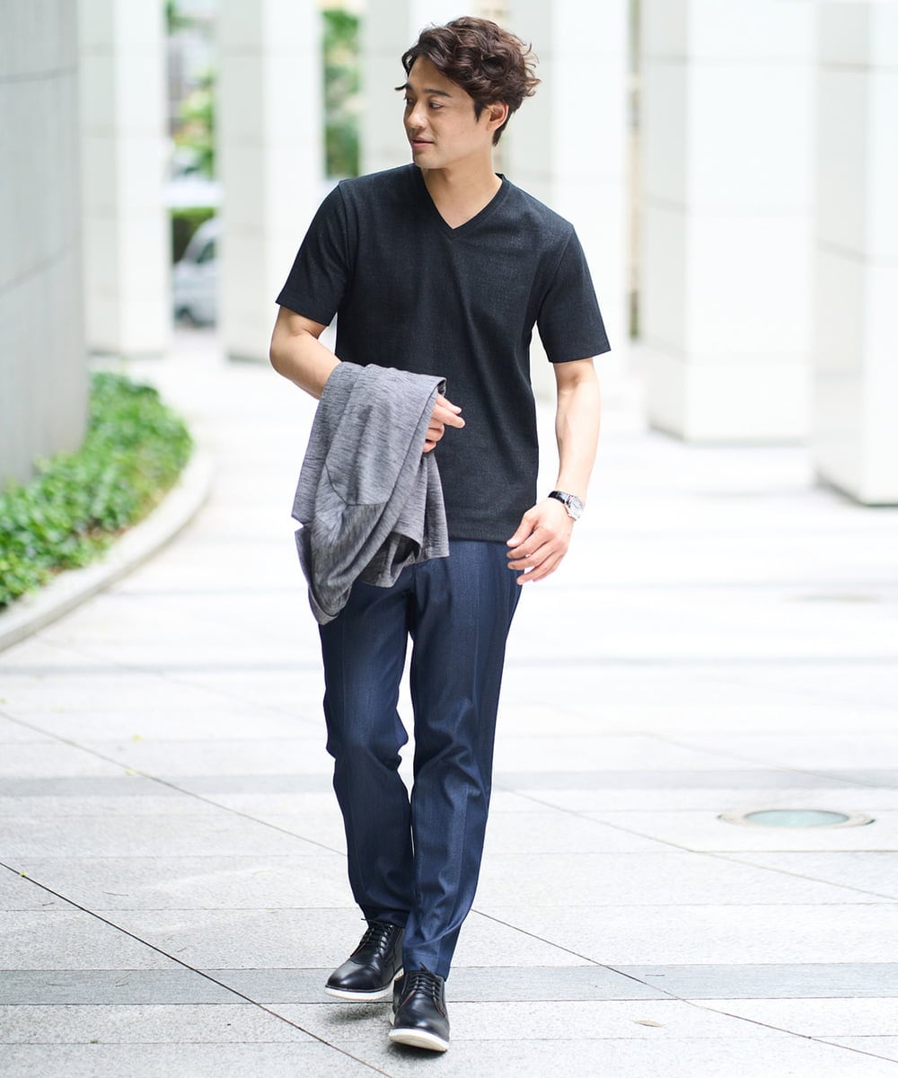 KHLGA25064 a.v.v MEN(アー・ヴェ・ヴェ) 【イージーケア/接触冷感】スマートシャンブレー フルレングス スラックス（セットアップ対応/S～XL展開） ダークグレー