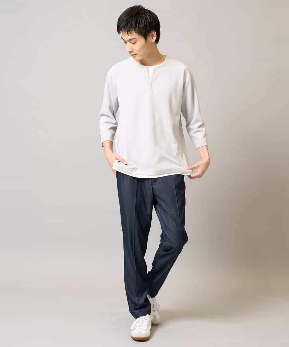 KHLGA25064 a.v.v MEN(アー・ヴェ・ヴェ) 【イージーケア/接触冷感】スマートシャンブレー フルレングス スラックス（セットアップ対応/S～XL展開） ダークグレー