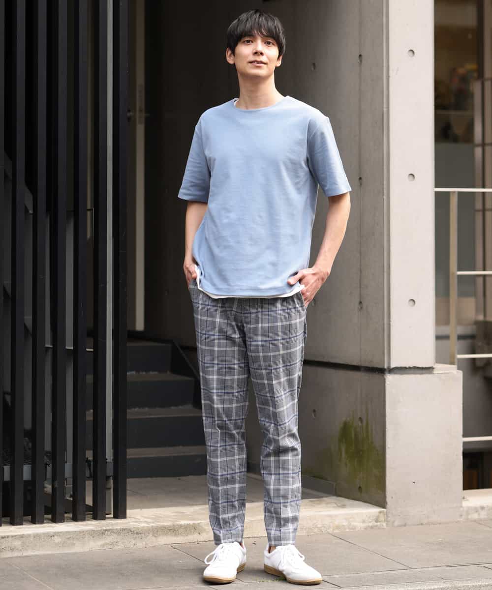 KHLGP31059 a.v.v MEN(アー・ヴェ・ヴェ) 【S-XXL】チェック柄スマートスラックス（アンクル丈） ブルーグレー（チェック）