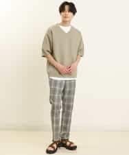 KHLGP31059 a.v.v MEN(アー・ヴェ・ヴェ) 【S-XXL】チェック柄スマートスラックス（アンクル丈） ブルーグレー（チェック）