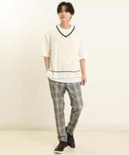 KHLGP31059 a.v.v MEN(アー・ヴェ・ヴェ) 【S-XXL】チェック柄スマートスラックス（アンクル丈） ブルーグレー（チェック）