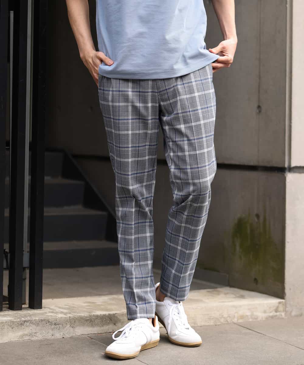 KHLGP31059 a.v.v MEN(アー・ヴェ・ヴェ) 【S-XXL】チェック柄スマートスラックス（アンクル丈） ブルーグレー（チェック）