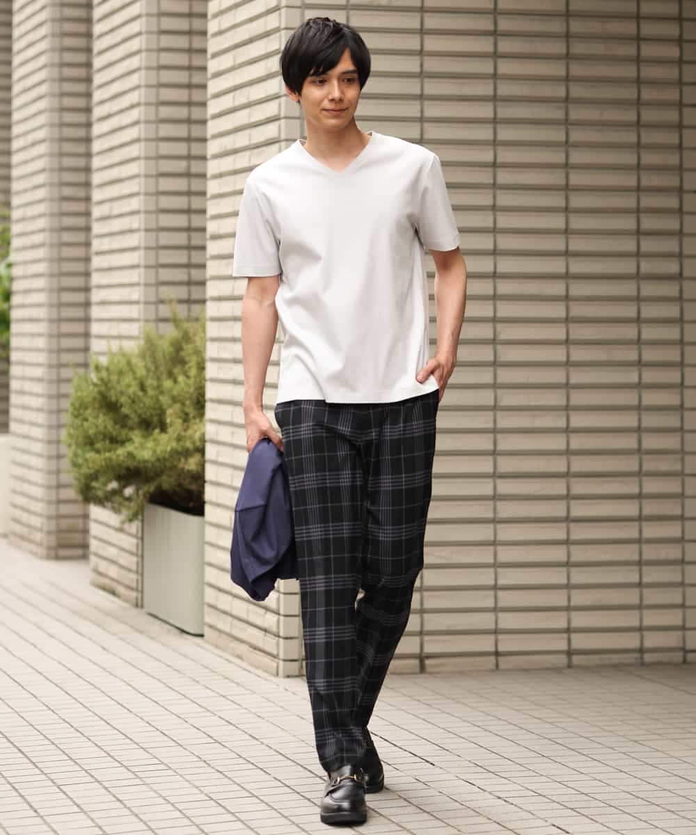 KHLHP71059 a.v.v MEN(アー・ヴェ・ヴェ) 【S-XXL】チェック柄スマートスラックス（アンクル丈） グレー