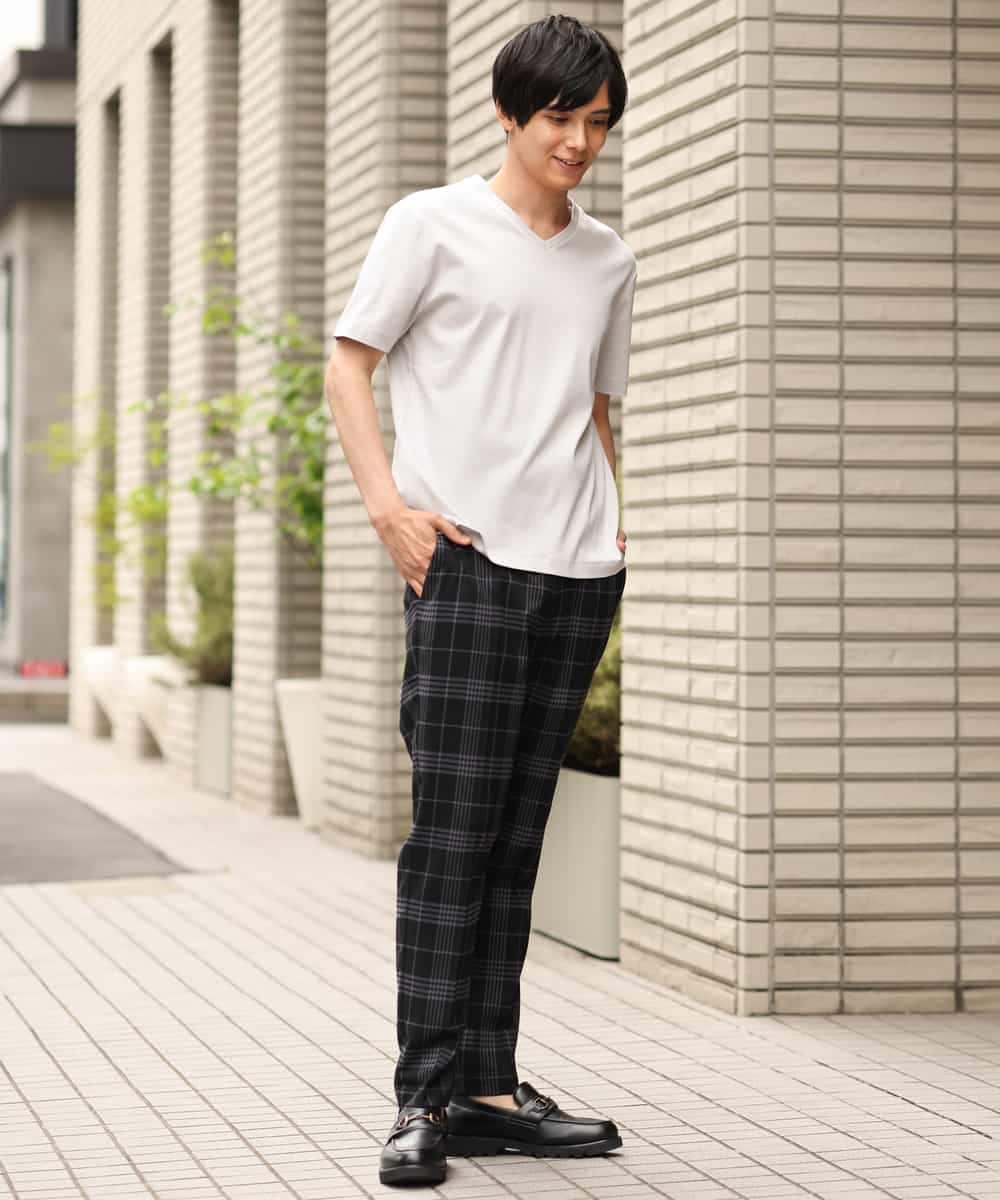 KHLHP71059 a.v.v MEN(アー・ヴェ・ヴェ) 【S-XXL】チェック柄スマートスラックス（アンクル丈） グレー