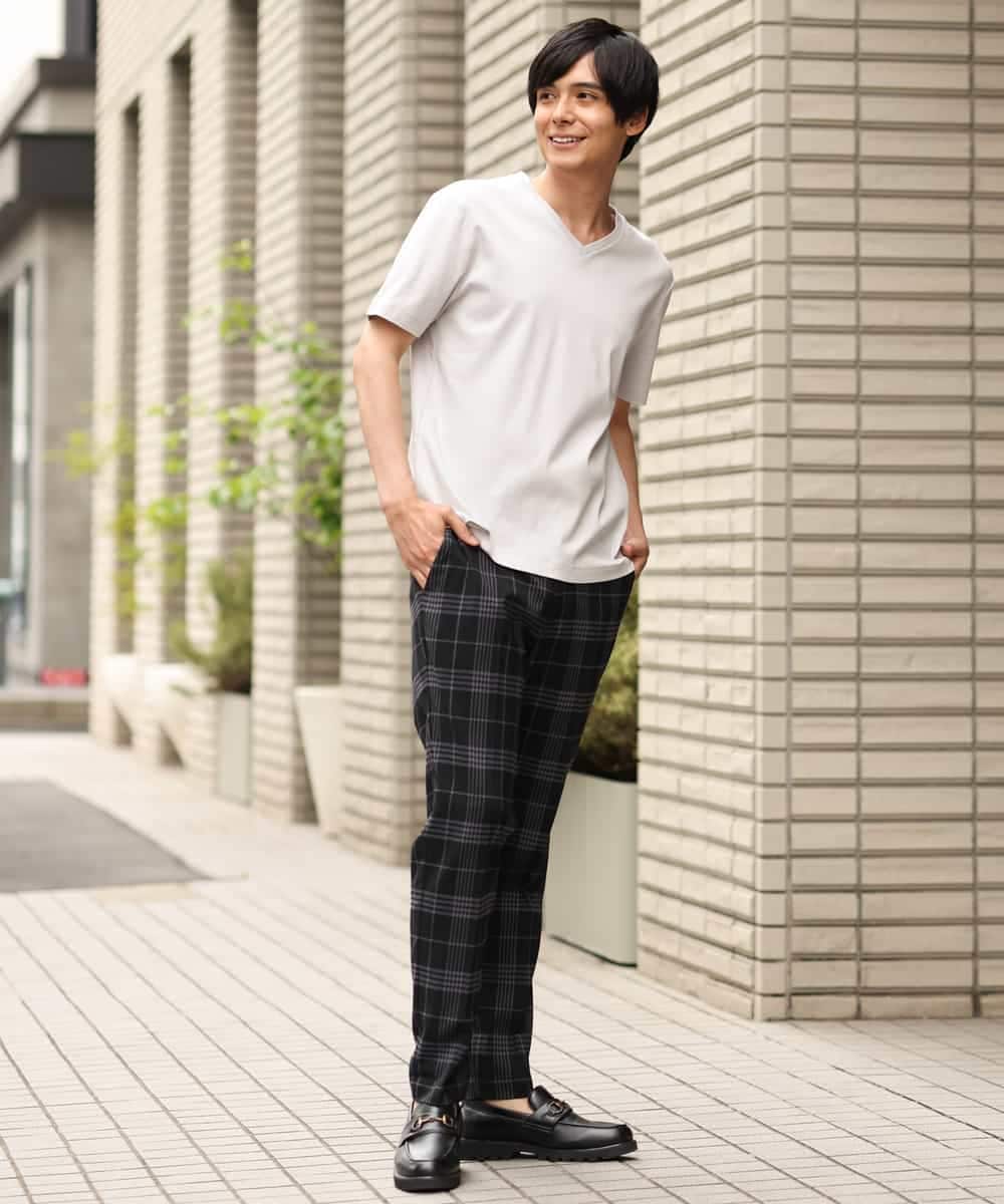 KHLHP71059 a.v.v MEN(アー・ヴェ・ヴェ) 【S-XXL】チェック柄スマートスラックス（アンクル丈） グレー