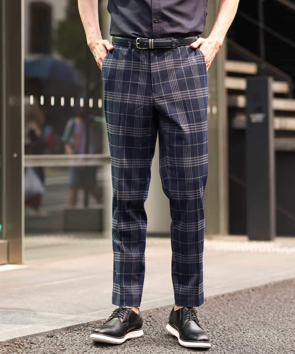 KHLHP71059 a.v.v MEN(アー・ヴェ・ヴェ) 【S-XXL】チェック柄スマートスラックス（アンクル丈） グレー