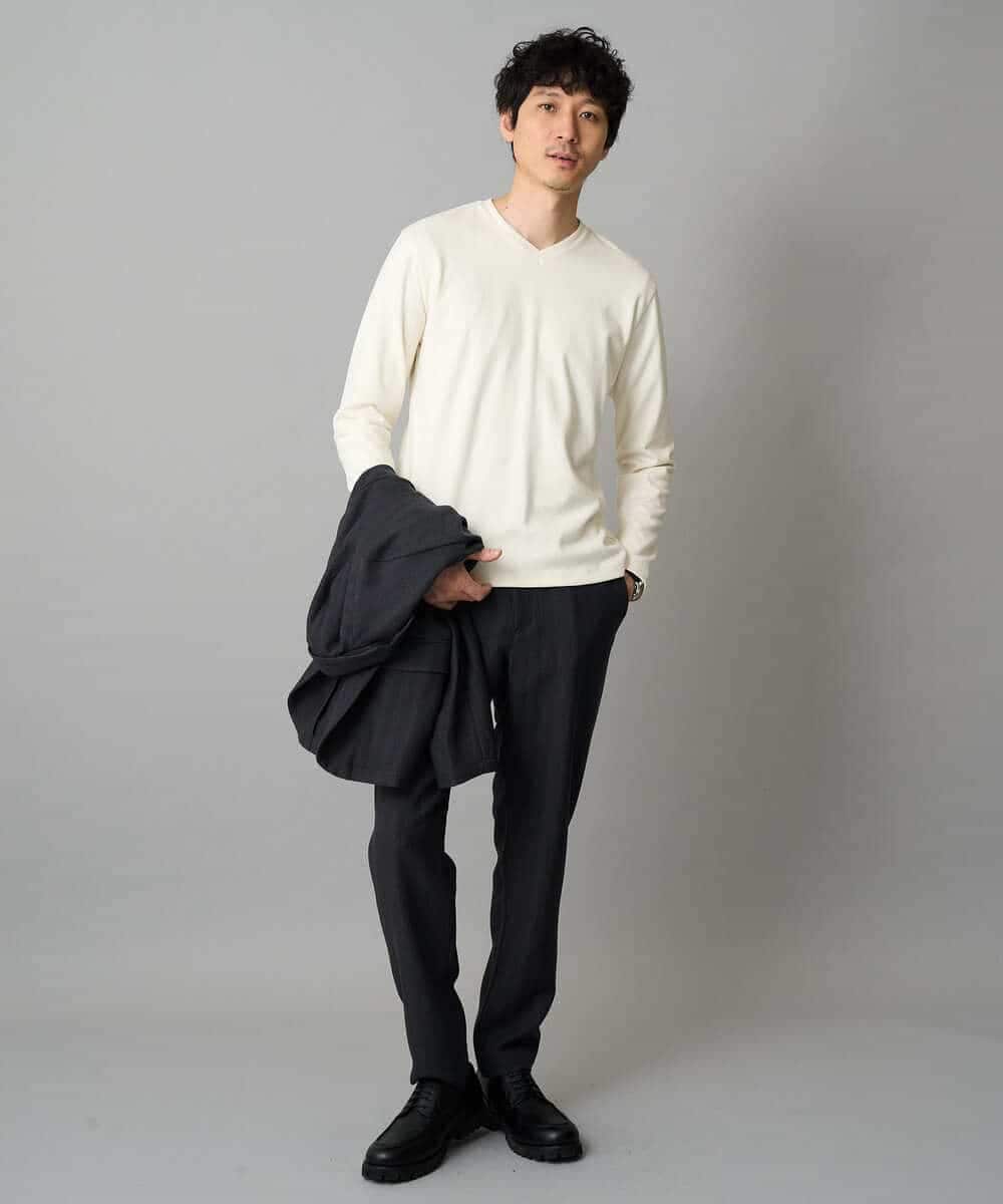 KHLLA35069 a.v.v MEN(アー・ヴェ・ヴェ) 【イージーケア/毛玉になりにくい】LANATECヘリンボーンセミルーズパンツ【ストレッチ/洗濯機で洗える】 ダークグレー