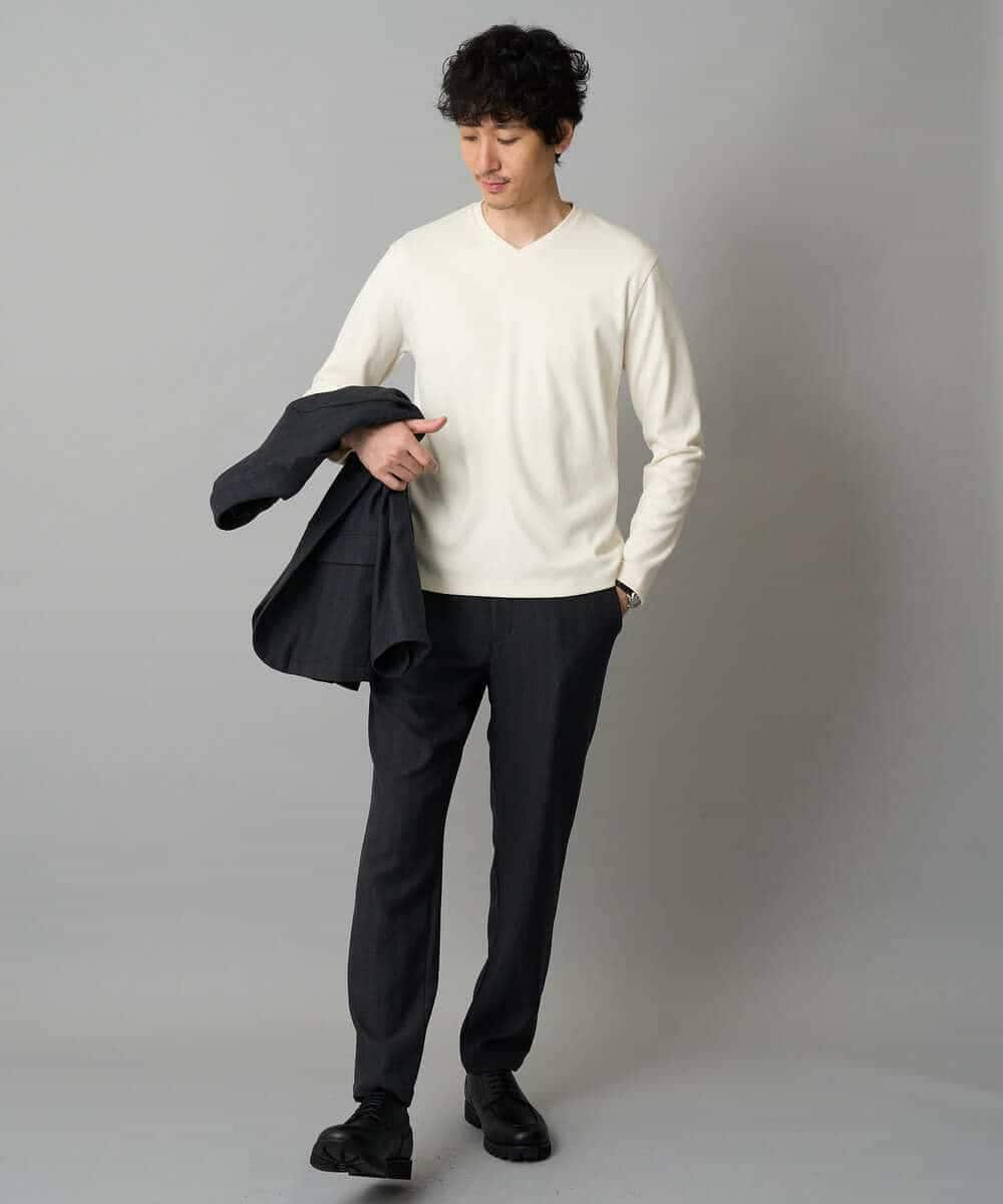 KHLLA35069 a.v.v MEN(アー・ヴェ・ヴェ) 【イージーケア/毛玉になりにくい】LANATECヘリンボーンセミルーズパンツ【ストレッチ/洗濯機で洗える】 ダークグレー