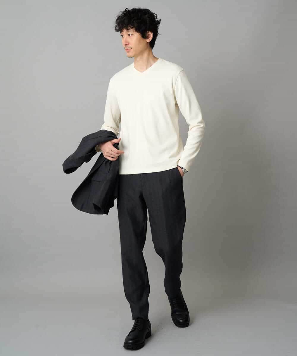 KHLLA35069 a.v.v MEN(アー・ヴェ・ヴェ) 【イージーケア/毛玉になりにくい】LANATECヘリンボーンセミルーズパンツ【ストレッチ/洗濯機で洗える】 ダークグレー