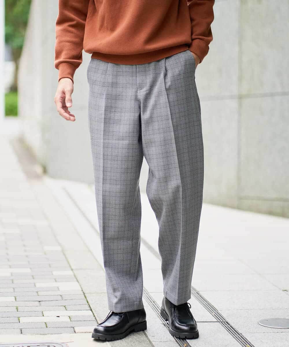 KHLLA36079 a.v.v MEN(アー・ヴェ・ヴェ) 【イージーケア/毛玉になりにくい】LANATECチェックワンタックワイドイージースラックス【洗濯機で洗える/ストレッチ】 グレー系チェック柄