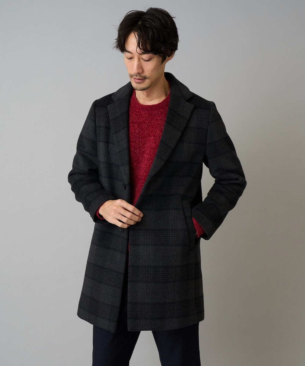 KHUAD21219 a.v.v MEN(アー・ヴェ・ヴェ) ウールライトビーバーチェックチェスターコート ダークグレー