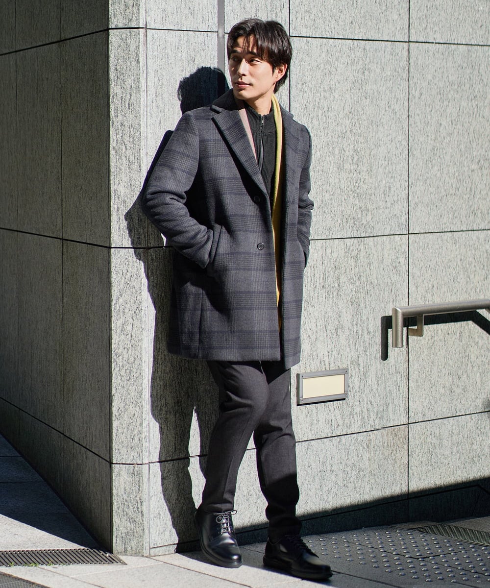 KHUAD21219 a.v.v MEN(アー・ヴェ・ヴェ) ウールライトビーバーチェックチェスターコート ダークグレー