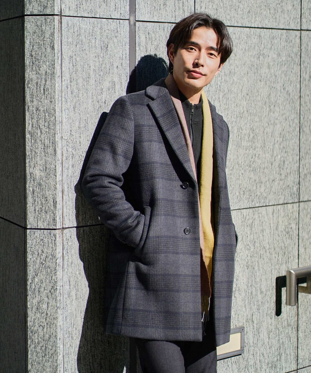 KHUAD21219 a.v.v MEN(アー・ヴェ・ヴェ) ウールライトビーバーチェックチェスターコート ダークグレー