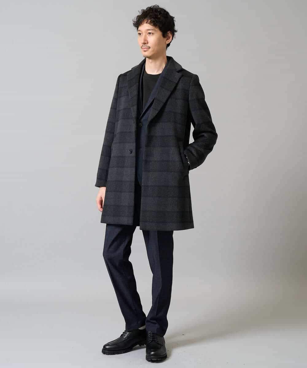 KHUAD21219 a.v.v MEN(アー・ヴェ・ヴェ) ウールライトビーバーチェックチェスターコート ダークグレー