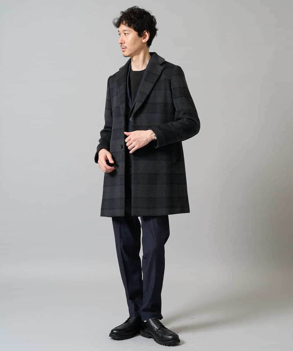 KHUAD21219 a.v.v MEN(アー・ヴェ・ヴェ) ウールライトビーバーチェックチェスターコート ダークグレー