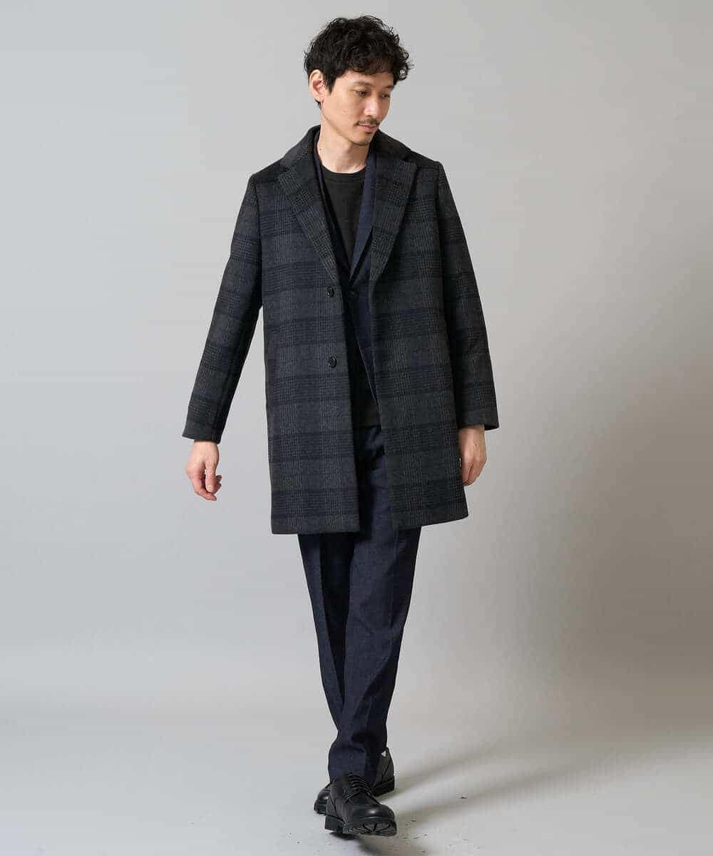 KHUAD21219 a.v.v MEN(アー・ヴェ・ヴェ) ウールライトビーバーチェックチェスターコート ダークグレー