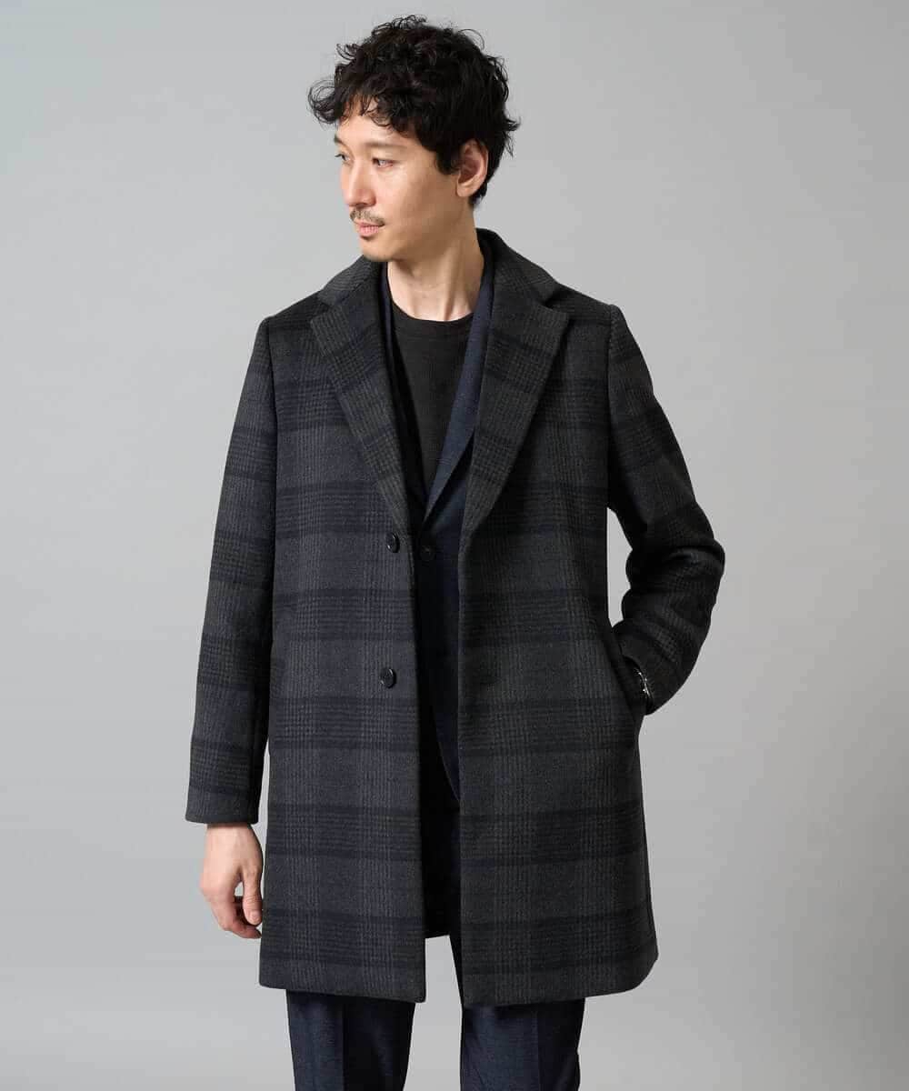 KHUAD21219 a.v.v MEN(アー・ヴェ・ヴェ) ウールライトビーバーチェックチェスターコート ダークグレー
