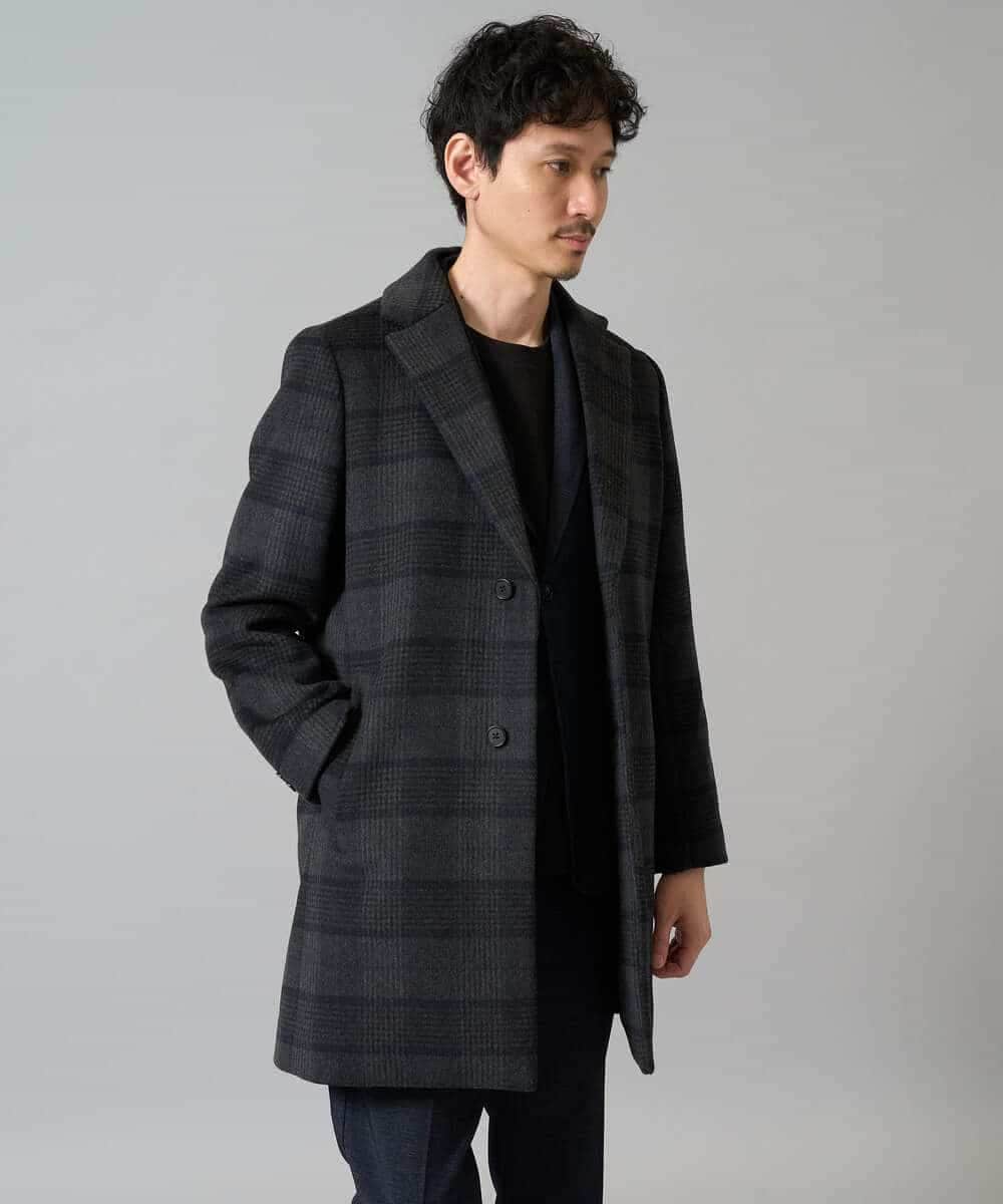 KHUAD21219 a.v.v MEN(アー・ヴェ・ヴェ) ウールライトビーバーチェックチェスターコート ダークグレー
