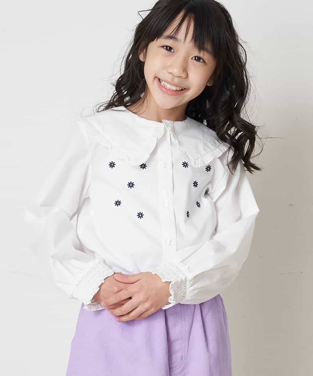 KJBDQ20039 a.v.v KIDS(アー・ヴェ・ヴェ) [140-150]フリルビッグカラーフラワー刺繍ブラウス ホワイト