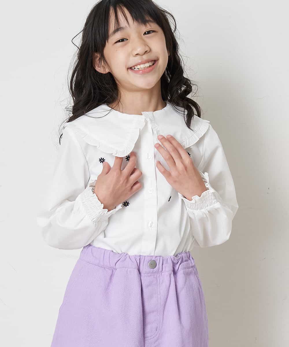 KJBDR20044 a.v.v KIDS(アー・ヴェ・ヴェ) [160]フリルビッグカラーフラワー刺繍ブラウス ホワイト