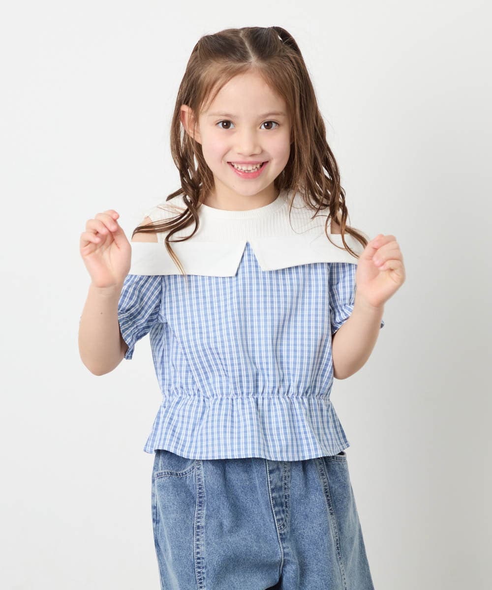 KJBFD55039 a.v.v KIDS(アー・ヴェ・ヴェ) [120-160]バイカラーチェックレイヤード風ブラウス ライトブルー