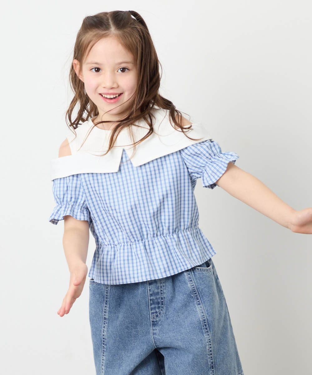 KJBFD55039 a.v.v KIDS(アー・ヴェ・ヴェ) [120-160]バイカラーチェックレイヤード風ブラウス ライトブルー
