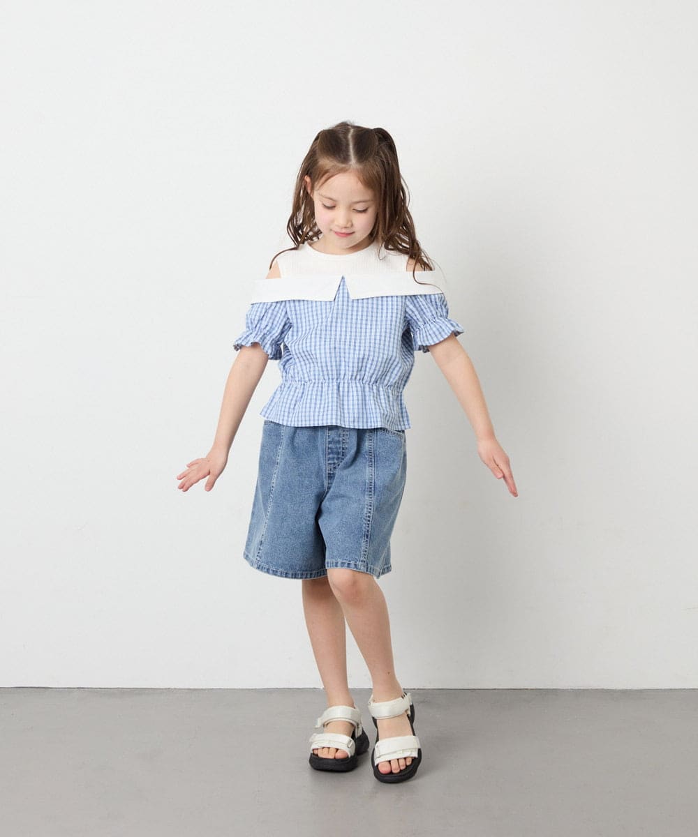 KJBFD55039 a.v.v KIDS(アー・ヴェ・ヴェ) [120-160]バイカラーチェックレイヤード風ブラウス ライトブルー