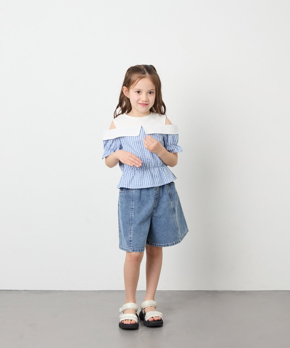 KJBFD55039 a.v.v KIDS(アー・ヴェ・ヴェ) [120-160]バイカラーチェックレイヤード風ブラウス ライトブルー