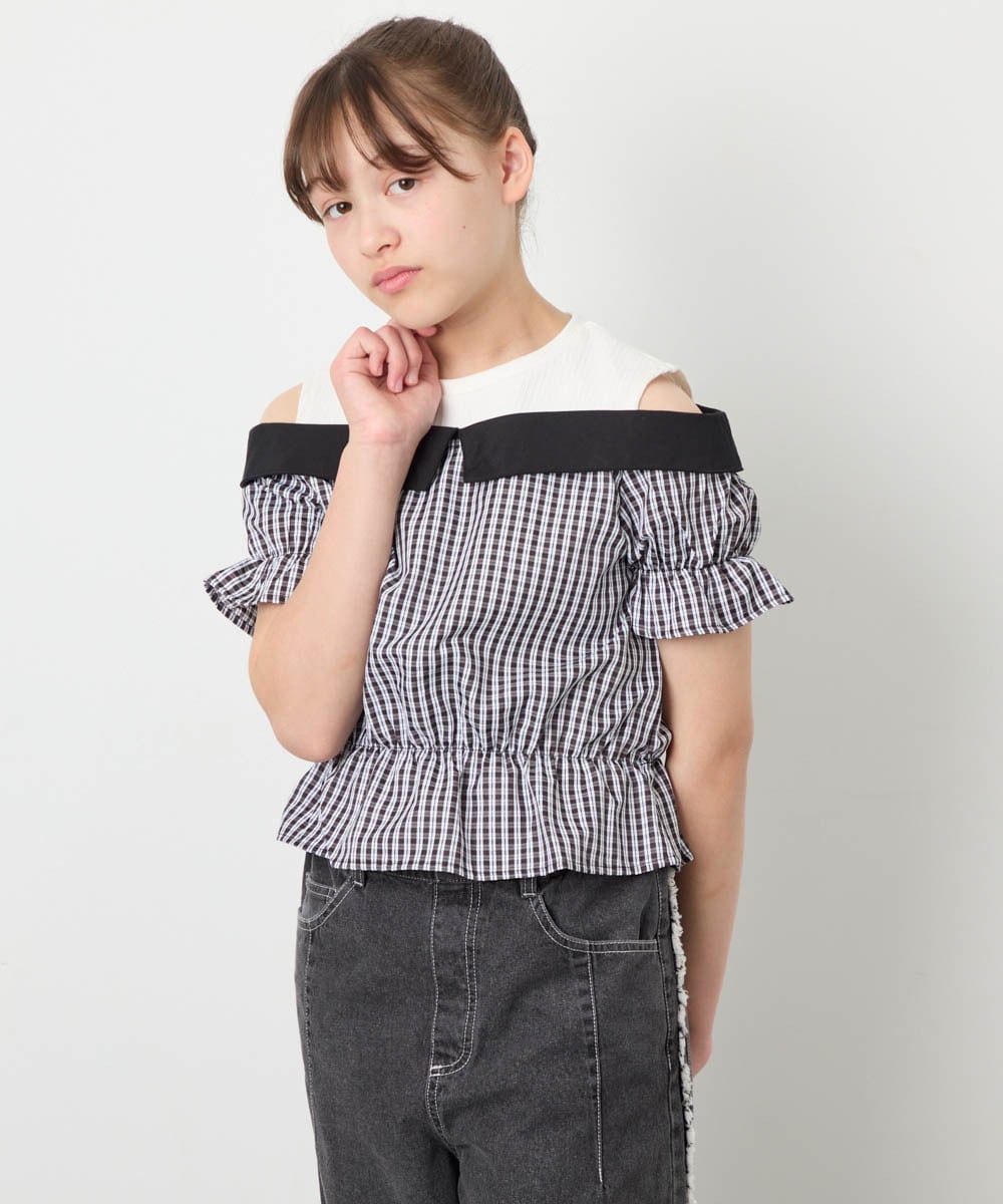 KJBFD55039 a.v.v KIDS(アー・ヴェ・ヴェ) [120-160]バイカラーチェックレイヤード風ブラウス ブラック