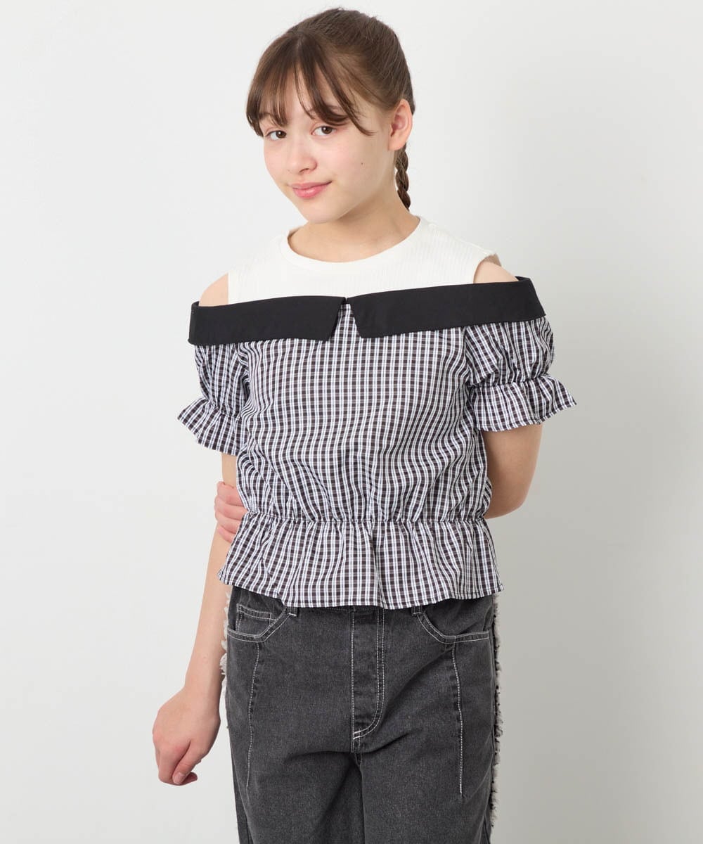 KJBFD55039 a.v.v KIDS(アー・ヴェ・ヴェ) [120-160]バイカラーチェックレイヤード風ブラウス ブラック