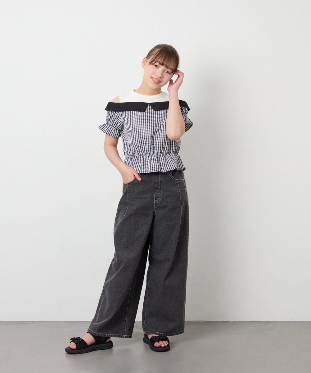 KJBFD55039 a.v.v KIDS(アー・ヴェ・ヴェ) [120-160]バイカラーチェックレイヤード風ブラウス ブラック