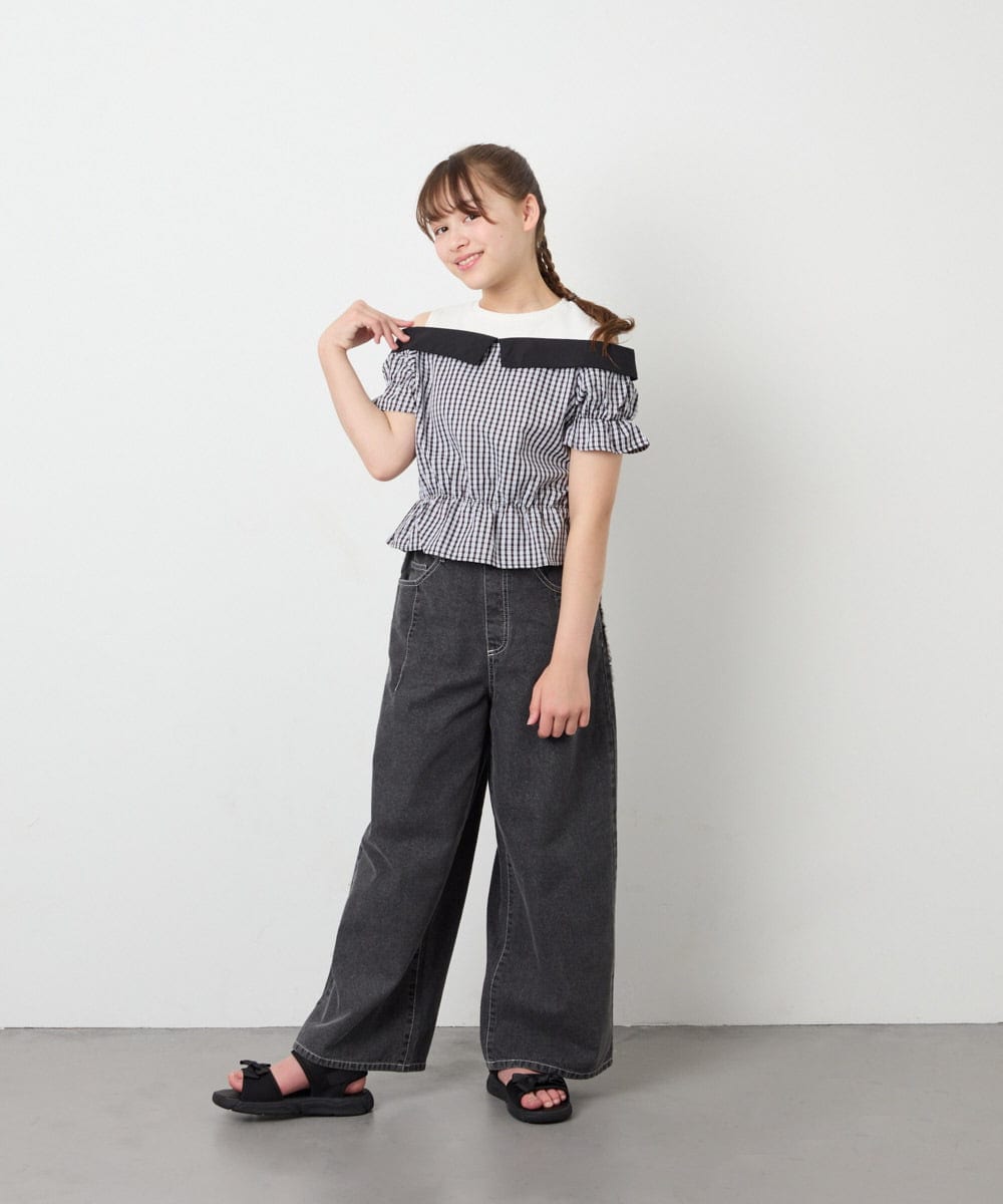 KJBFD55039 a.v.v KIDS(アー・ヴェ・ヴェ) [120-160]バイカラーチェックレイヤード風ブラウス ブラック