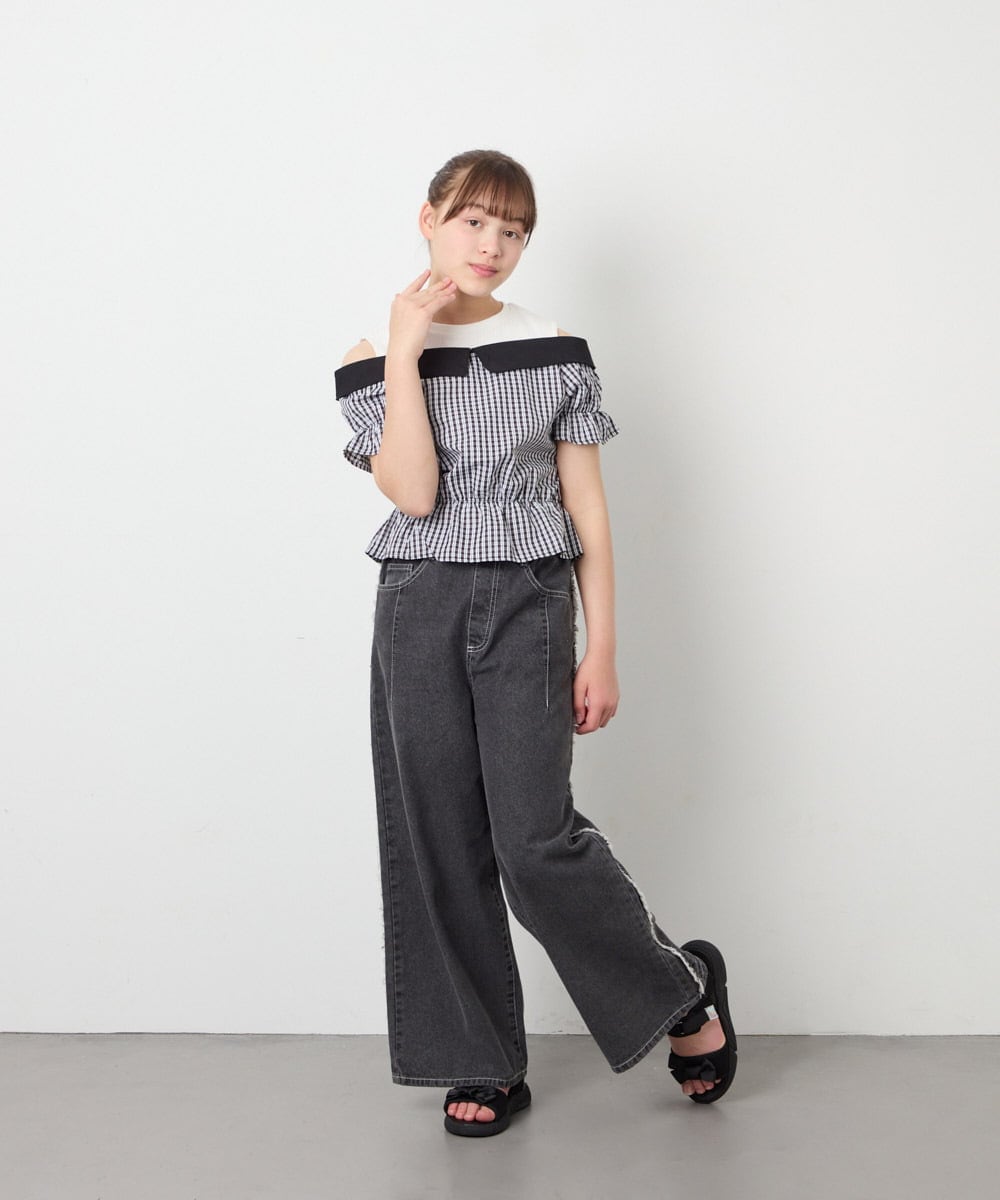 KJBFD55039 a.v.v KIDS(アー・ヴェ・ヴェ) [120-160]バイカラーチェックレイヤード風ブラウス ブラック