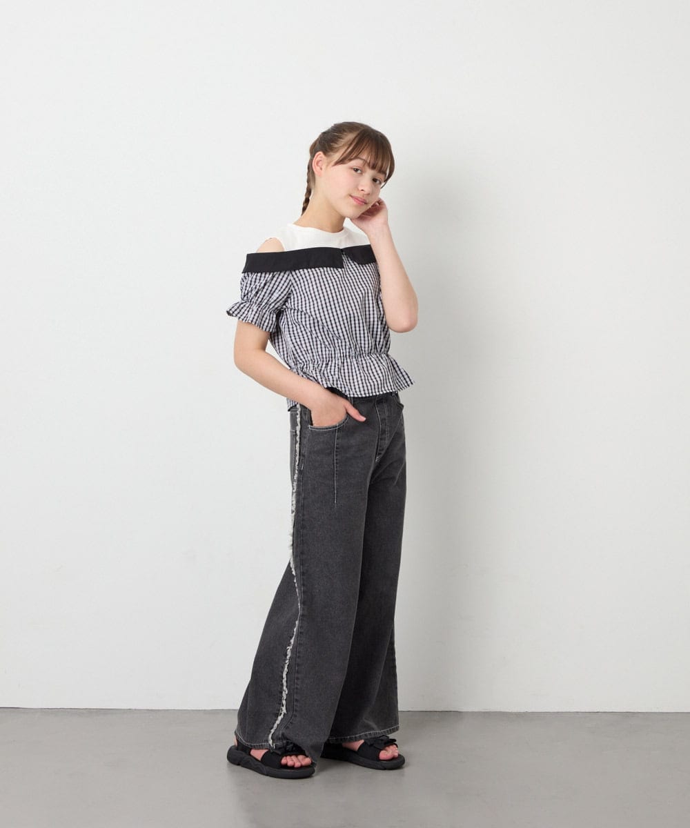 KJBFD55039 a.v.v KIDS(アー・ヴェ・ヴェ) [120-160]バイカラーチェックレイヤード風ブラウス ブラック