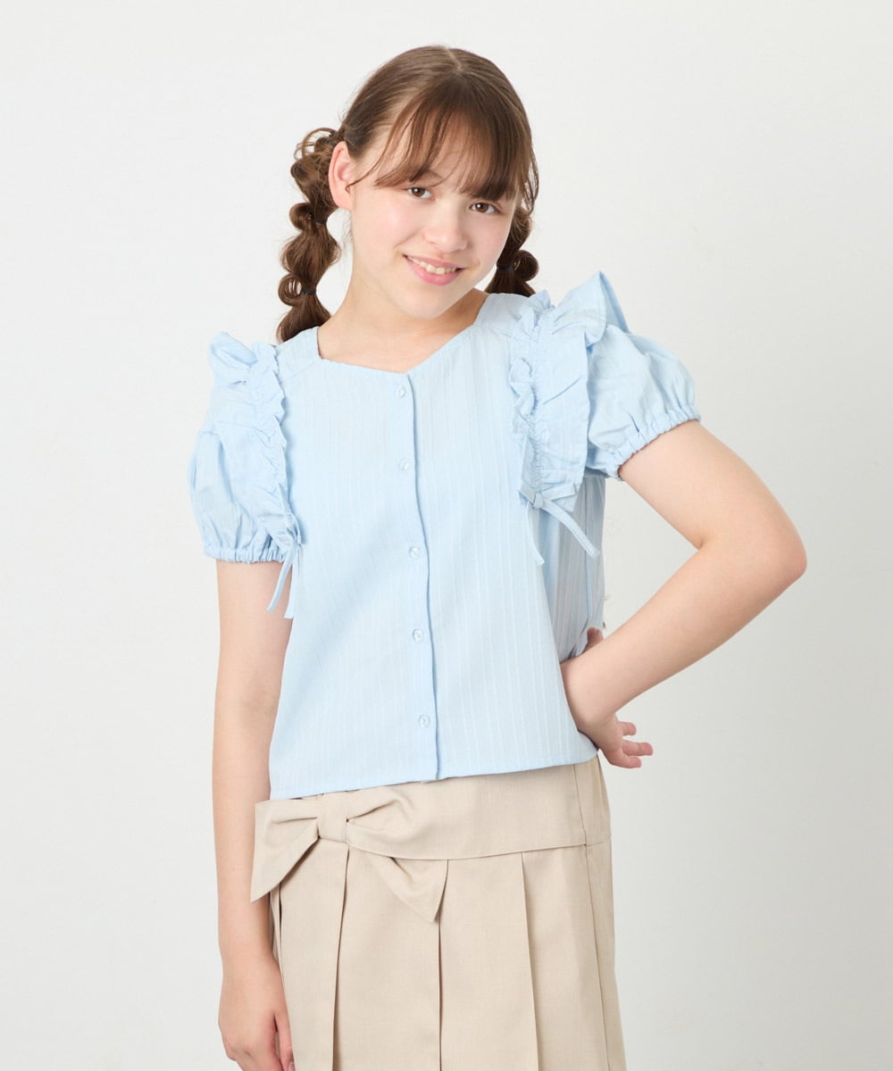 KJBHD75039 a.v.v KIDS(アー・ヴェ・ヴェ) [130-160]【冷感/洗える】肩フリルブラウス ライトブルー