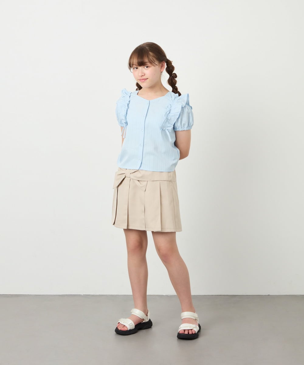 KJBHD75039 a.v.v KIDS(アー・ヴェ・ヴェ) [130-160]【冷感/洗える】肩フリルブラウス ライトブルー