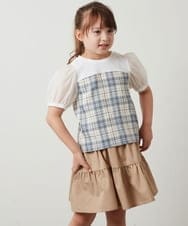 KJBHU23039 a.v.v KIDS(アー・ヴェ・ヴェ) [160]【セットアップ対応】シアーパフスリーブチェック柄ドッキングトップス ライトブルー