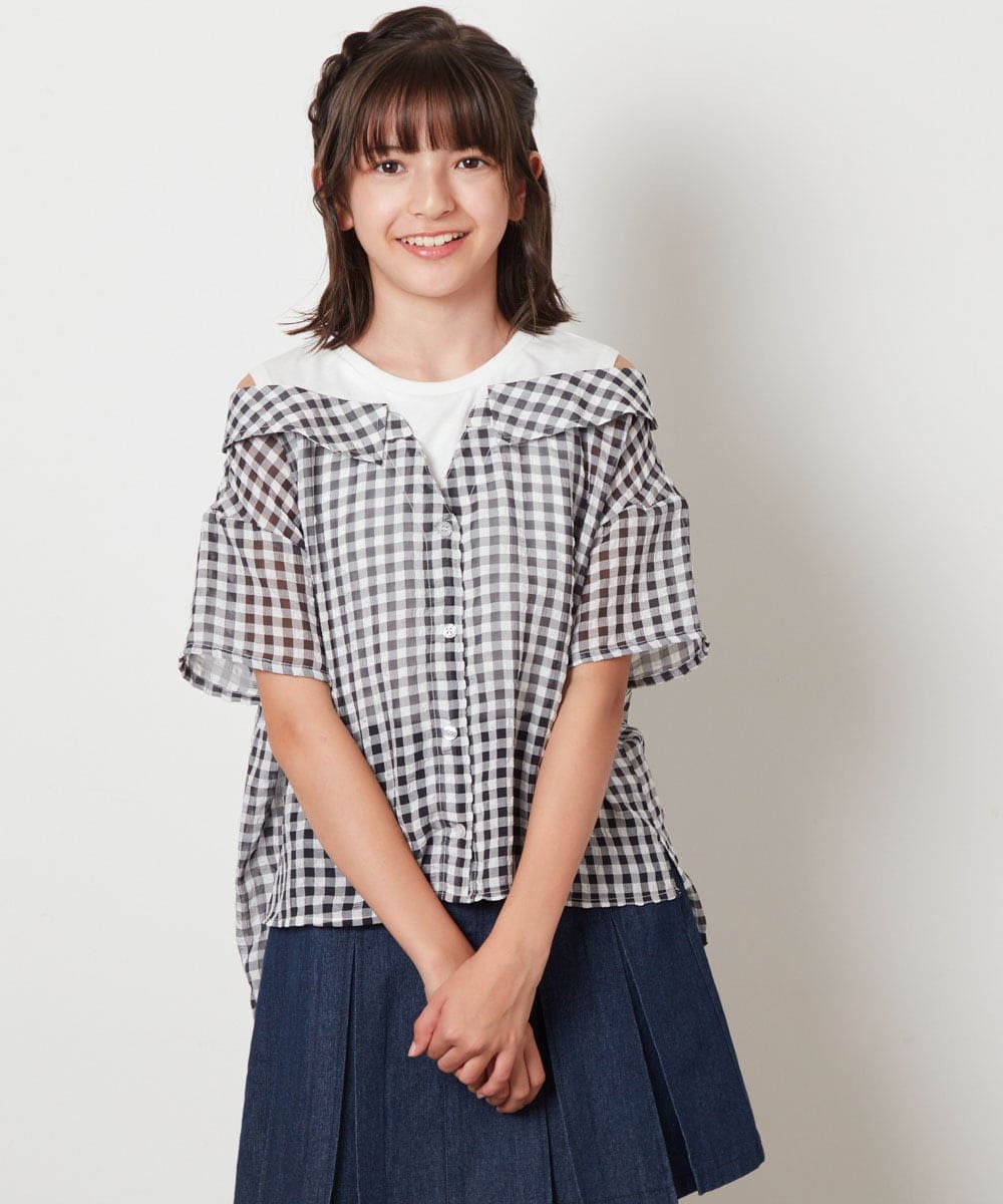 KJBHV22024 a.v.v KIDS(アー・ヴェ・ヴェ) [120-130]シアーチェックオフショルレイヤードブラウス ライトブルー