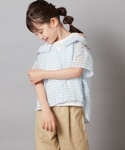 KJBHW22029 a.v.v KIDS [140-150]シアーチェックオフショルレイヤードブラウス
