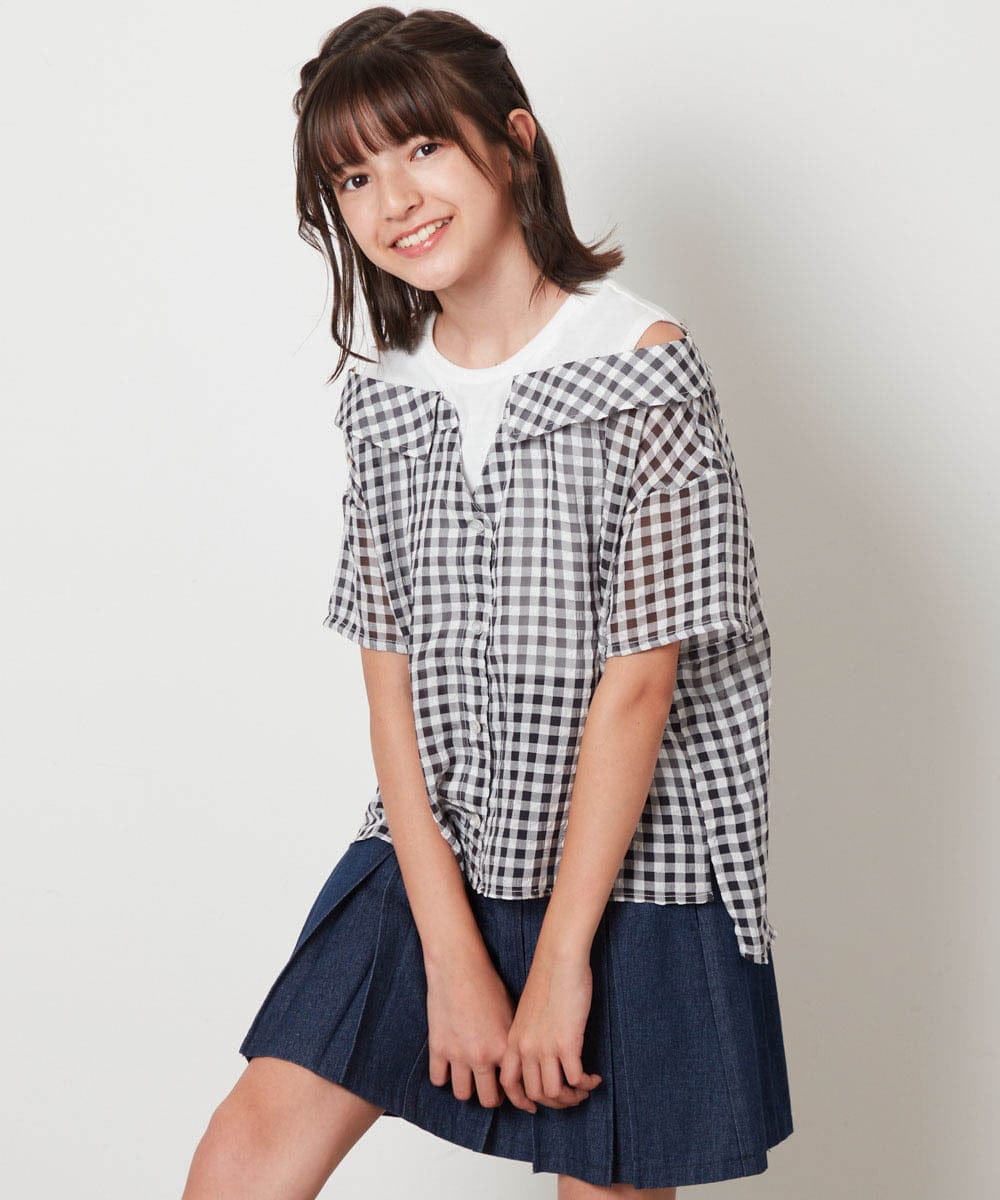 KJBHW22029 a.v.v KIDS(アー・ヴェ・ヴェ) [140-150]シアーチェックオフショルレイヤードブラウス ライトブルー